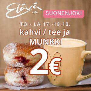 Elävä cafe Suonenjoki tiedottaa: torstai - lauantai 17. - 19.10.2024 kahvi tai tee ja munkki yhteensä 2 euroa. Hilloa tursuavia munkkeja kaksi kappaletta tarjoilupaperilla ja sydänkuviolla oleva kahvikuppi.